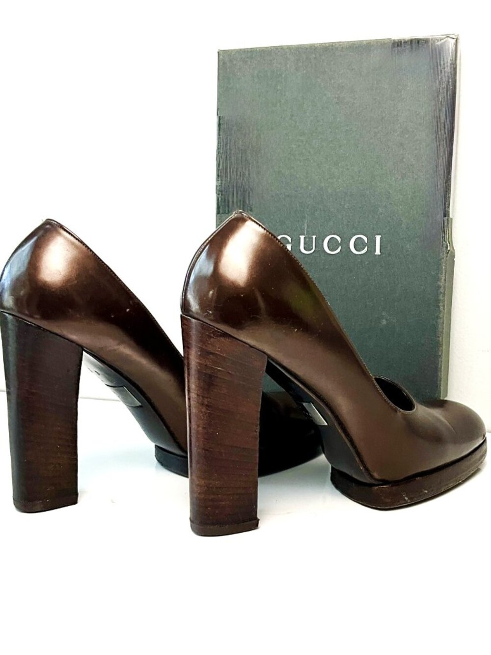 Vintage Gucci Brown Leather Platform Pumps Block Heel Size 7.5 B Italy
